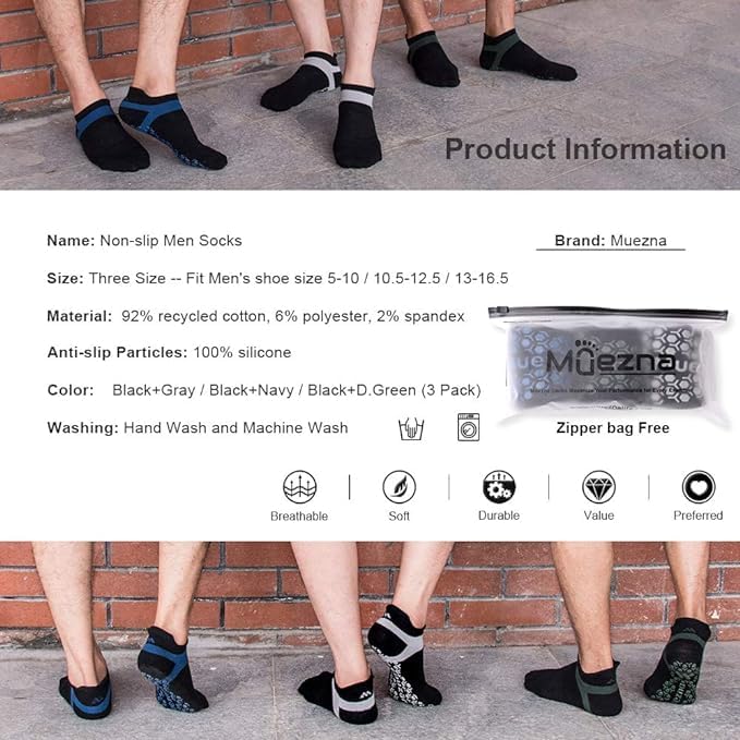 Muezna Men's Non-Slip Yoga Socks, Anti-Skid Pilates, Barre, Bikram Fitness Hospital Slipper Socks with Grips