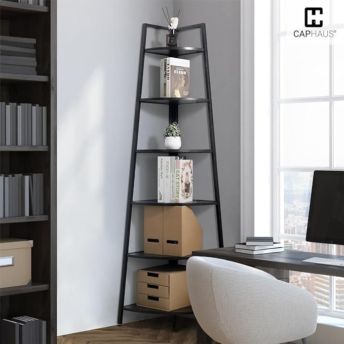 CAPHAUS Tall Corner Shelf Stand, 6-Tier Display Shelves, Ladder Corner Wood Storage Plant Bookshelf with Metal Frame, Versatile Shelving Unit Bookcase for Home Office Space, Black