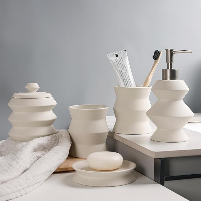 Bathroom Accessory Set 5PCS, Beige Ceramic Bathroom Accessories Set, Unique Design Small Bathroom Accessories Sets Complete, Home Apartment Minimalist Bathroom Decor Vanity Countertop, ANTIS'S HOME