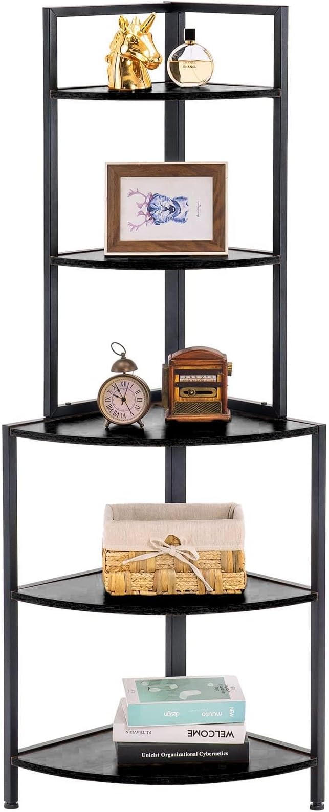 Apicizon 5 Tier Corner Shelf, Industrial Corner Bookshelf with Metal Frame, Rustic Corner Storage Rack Shelves Display Plant Flower, Stand Bookcase for Home Office, Small Place, Kitchen, Black
