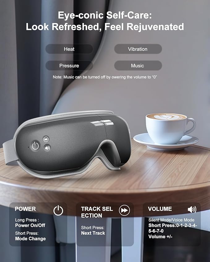 Eye Massager with Heat & Bluetooth Music, Mothers Day Birthday Gifts for Women, Reduce Eye Strain, Headache Relief and Improve Sleep, Eye Care Device for Migraine-Grey