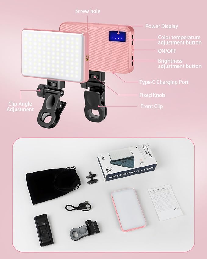 168 LED Selfie Light for iPhone, Phone Light, 3000mah Rechargeable Picture Light Clip Portable Lights for Phone, Camera, Laptop, iPad, 3 Lights Modes for Makeup, Video Conference, TikTok, Vlog (Pink)