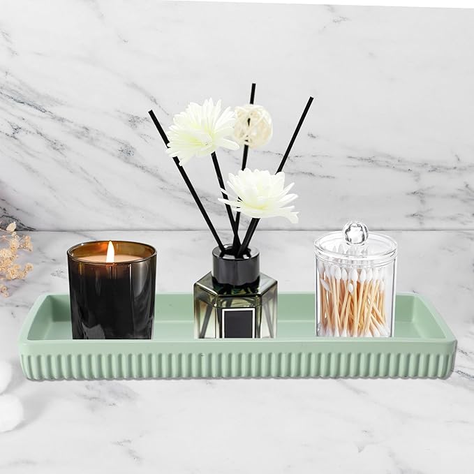 Resin Light Green Bathroom Accessories Set 5 Pcs, Lotion Soap Dispenser, Toothbrush Holder, Bathroom Tumbler, Qtip Holder and Vanity Tray, Bathroom Countertop Organizer Set for Modern Apartment