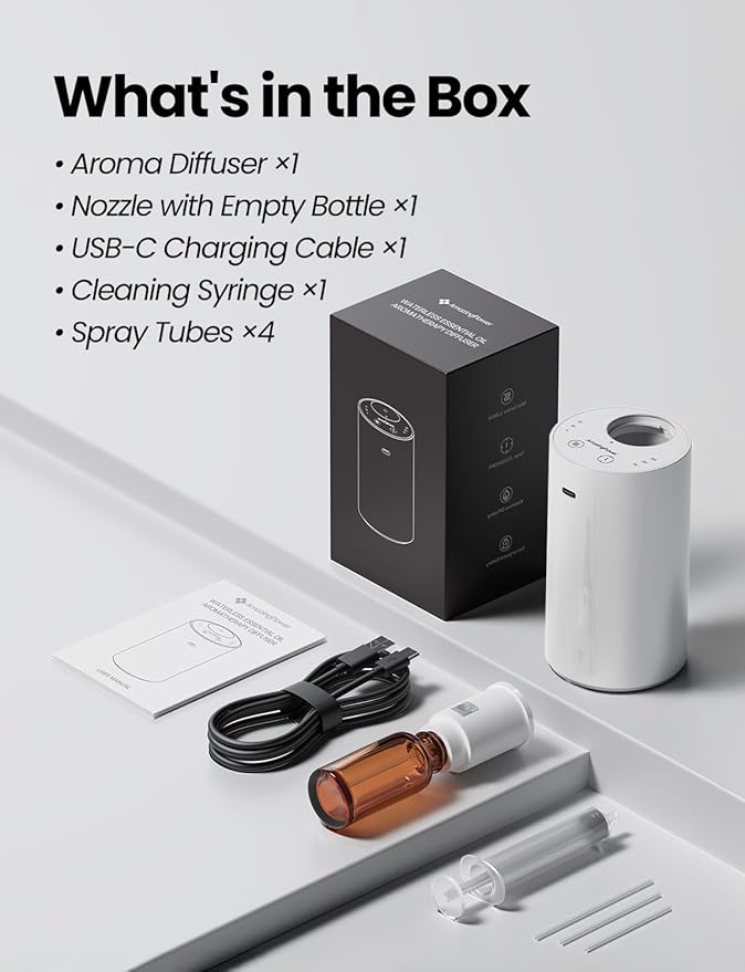 Waterless Essential Oil Diffuser, Portable Aromatherapy Diffuser with 20mL Capacity, Battery Operated Mini Scent Diffuser,3 Mist Levels & Timers, Leak-Free, for Home, Car, Office (White)