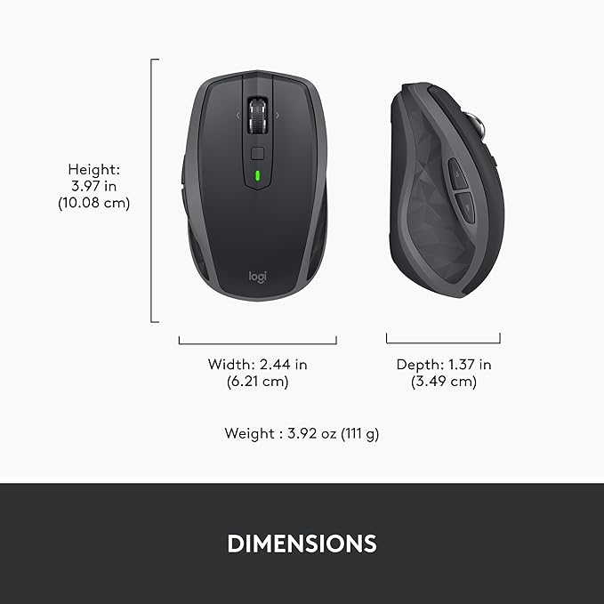 Logitech MX Anywhere 2S Bluetooth Edition Compact Wireless Mouse, No USB Receiver - Use On Any Surface, Hyper-Fast Scrolling, Rechargeable, Control Up to 3 Apple Mac and Windows Computers and Laptops