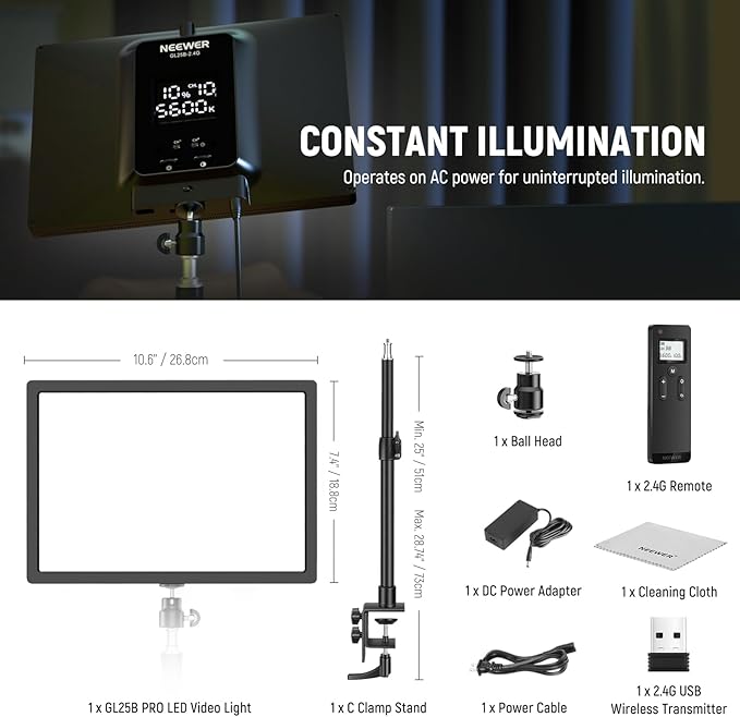 NEEWER 25W 12.9" Streaming Key Light with Desk Stand/2.4G Remote/USB Transmitter, PC/Mac APP Control Dimmable Edge Lit Video Panel Light with 2300Lux 2900K-7000K CRI98+ for Webcam Laptop Zoom, GL25B