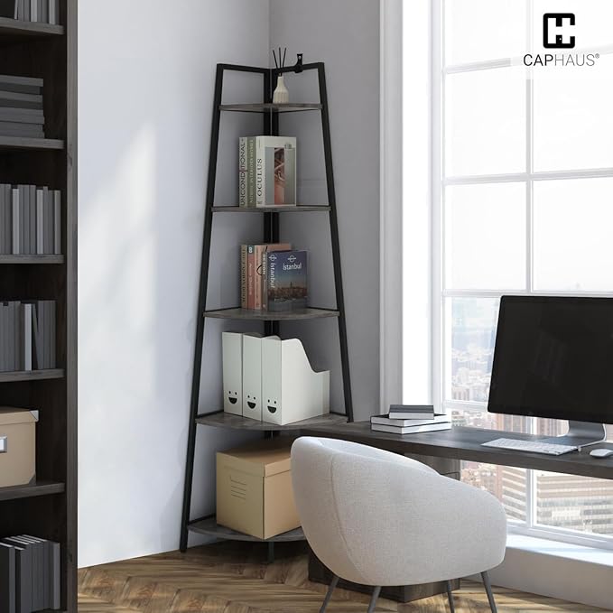 CAPHAUS Tall Corner Shelf Stand, 5-Tier Display Shelves, Ladder Corner Wood Storage Plant Bookshelf with Metal Frame, Versatile Shelving Unit Bookcase for Home Office Space, Dark Grey