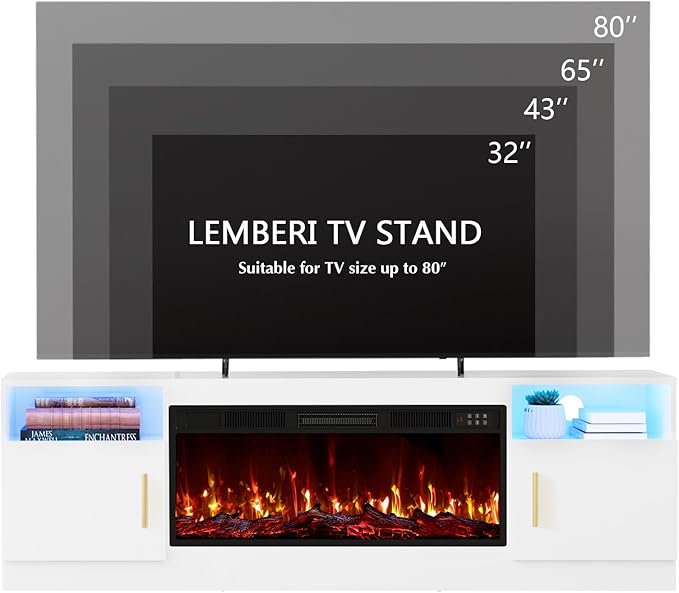 Lemberi Fireplace tv Stand with 36 inch Fireplace Up to 80" TVs,LED Light Entertainment Center and Storage, 70" Modern Wood Media TV Console with Highlight Cabinet for Living Room (White)