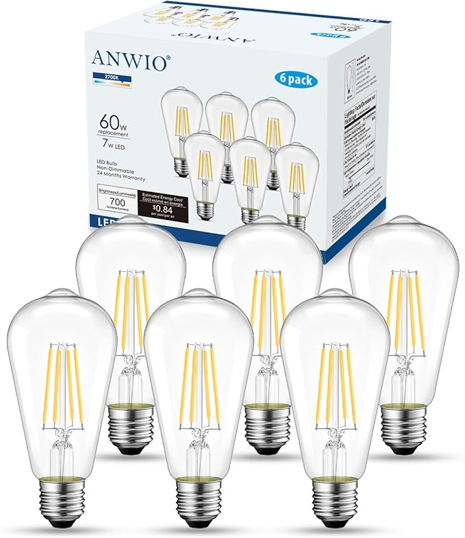 ANWIO Vintage LED Edison Bulbs 6-Pack, 7W, Equivalent 60W, Non-Dimmable, ST58 2700K Warm White Antique LED Filament Bulbs,E26 Medium Base, Clear Glass Style for Home and Commercial