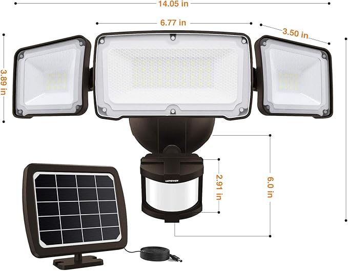 LEPOWER 1600LM LED Solar Security Lights Motion Outdoor, 5500K White Light, IP65 Waterproof Outdoor Flood Solar Light for Yard, Garage(Brown)