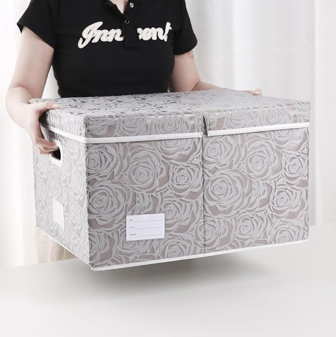 PRANDOM Extra Large Collapsible Storage Boxes with Lids Fabric Decorative Storage Bins Cubes Organizer Baskets with Cover Handles Divider for Bedroom Closet Living Room 19.7x15.7x11.6 Inch 3 Pack