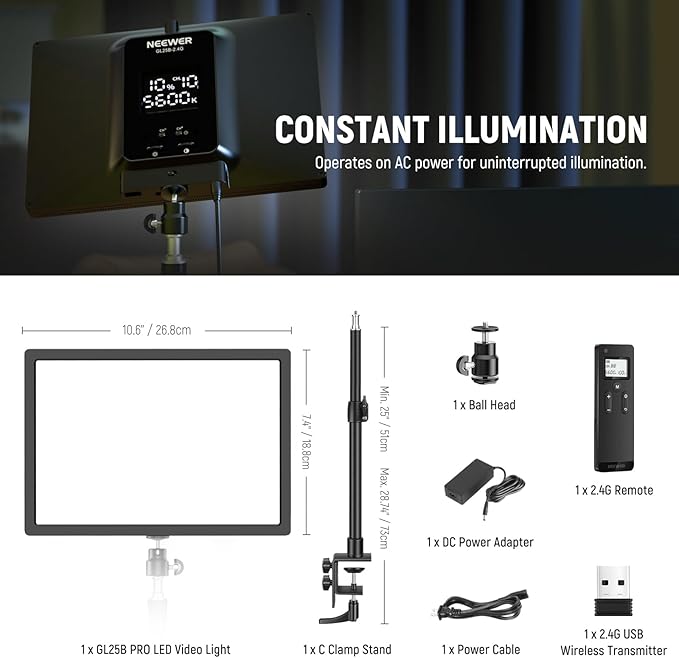 NEEWER 25W 12.9" Streaming Key Light with Desk Stand/2.4G Remote/USB Transmitter, PC/Mac APP Control 2300Lx/0.5m 2900-7000K CRI98+ Dimmable Edge Lit Video Panel Light for Webcam Laptop Zoom, GL25B