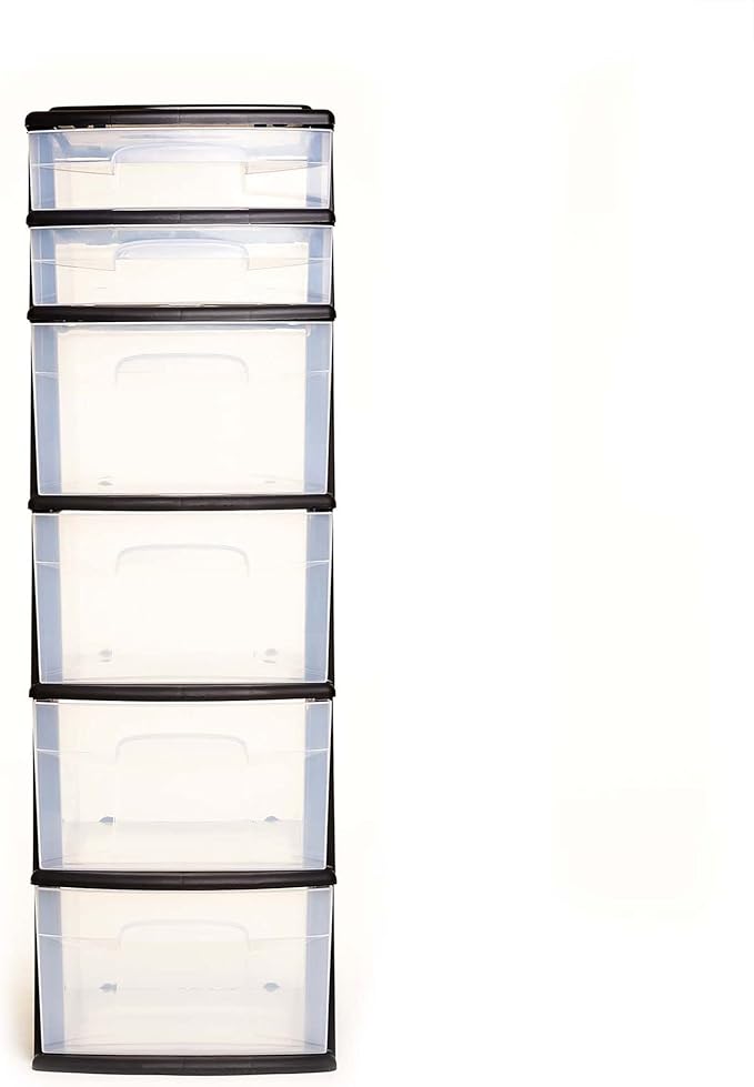 HOMZ 2-Pack Drawer Tower, 6-Tier Clear Plastic Storage Organizer Cart, Black Frame - Organizing Containers for Home, Office, Bathroom, Bedroom, and Classroom