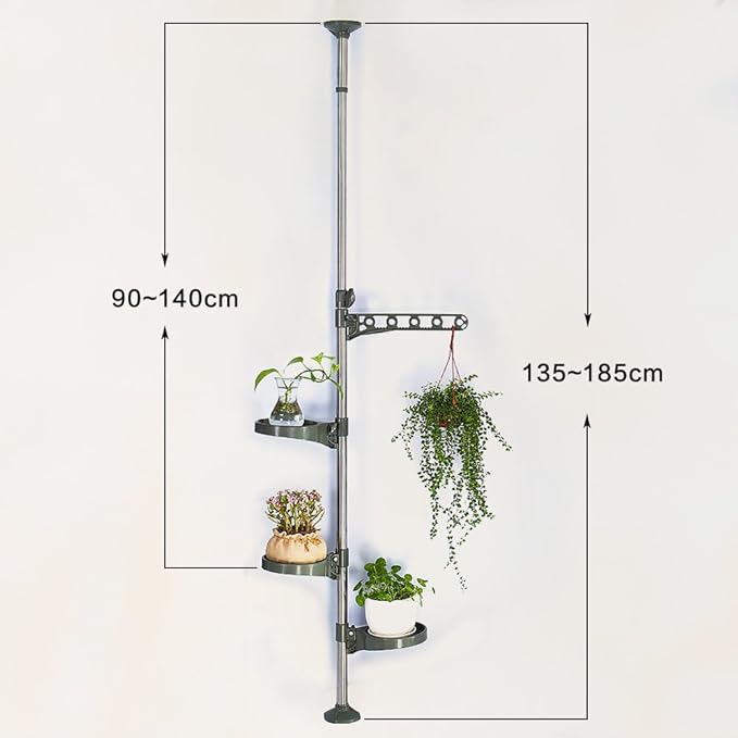 BAOYOUNI Indoor Plant Pole Stand Tension Rod Adjustable Flower Display Rack Spring Loaded Floral Hanger Storage Shelf with 3 Trays & 1 Arm for Windowsill Counter Top, Grey