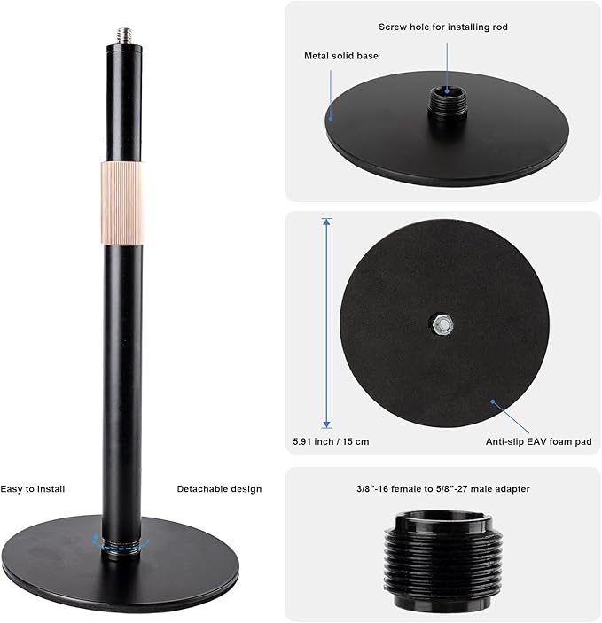 Desk Microphone Mic Stand, Adjustable Height Table Microphone Stand with Universal and Shock Mount Mic Clip, one 3/8"-16 Female to 5/8"-27 Male Adapter for Blue Yeti/BlueSnowball/SoloCast