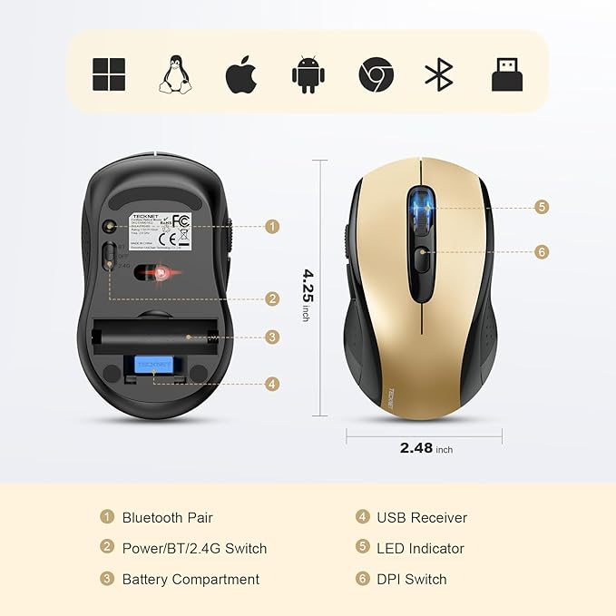 TECKNET Bluetooth Mouse, 4000DPI Wireless Mice for Laptop 2-in-1(BT 5.0/3.0+2.4Ghz) Computer Portable PC Mouse Wireless with USB Receiver for Mac (USB-A+Bluetooth, Black Gold)