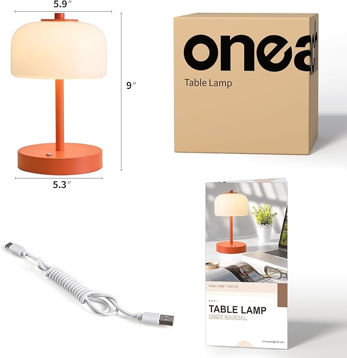Oneach 9" Cordless Table Lamp, Orange Rechargeable Battery Operated Lamp, 3-Way Stepless Dimming Touch Lamps, Small Glass Bedside Nightstand Light for Bedroom Dining Table Living Room Shelf Decor
