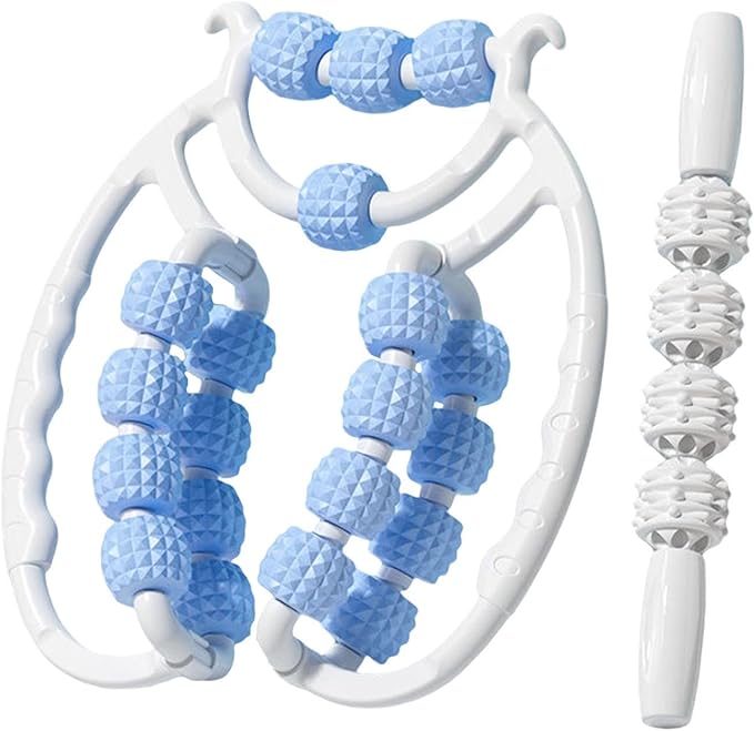 Colaxi 20 Wheels Massage Roller with Massage Stick Portable Multipurpose Flexible Handheld Roller for Back Shoulders Legs Thigh Arms, Blue