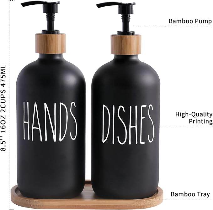 MOMEEMO Black Soap Dispenser Set, Contains Hand and Dish Soap Dispenser, Suitable for Kitchen Decor. (Black)