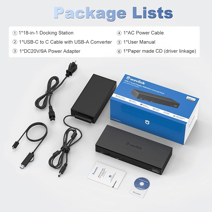 WAVLINK 18-in-1 Quad Monitor USB C Docking Station with 4 HDMI, 4 Displayport, Compatible for Mac Windows Thunderbolt 4/3, 180W Power, 2.5G Ethernet, USB3.0, SD/TF, Audio/Mic (Quad Monitor Display)