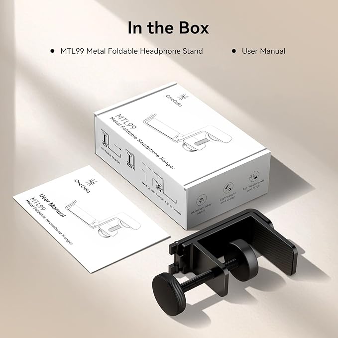 OneOdio MTL99 Foldable Headphone Stand, Metal Headset Holder Space-Saving Table Hook, Clamp-on Under Desk Hanger, Universal Fit Gaming Headphones Mount, Black