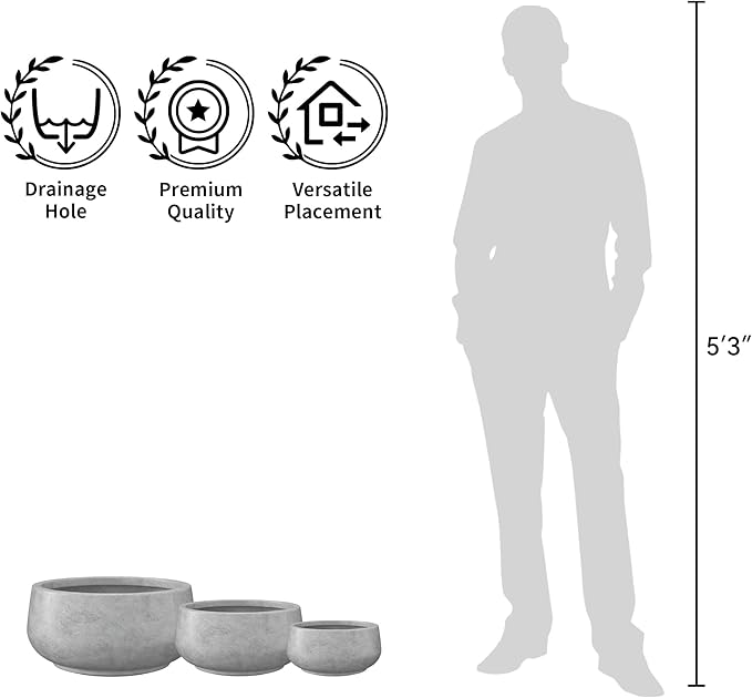 Kante 12.5" Dia Round Concrete Bonsai Planters, Outdoor Indoor Garden Plant Pot with Drainage Hole for Home, Patio, Garden, Concrete Gray