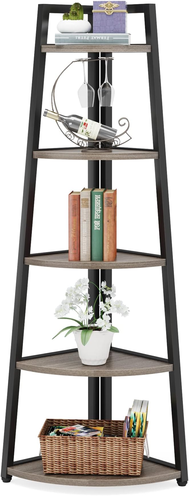 Tribesigns 70 inch Tall Corner Shelf, 5 Tier Industrial Corner Bookshelf Bookcase Industrial Corner Ladder Shelf Plant Stand for Living Room, Kitchen, Home Office (Grey)