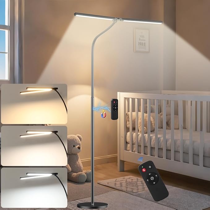 Led Floor Lamp for Office, 24W 2400LM Tall Reading Lamp, Dual Head Standing Task Lamp with Remote, Large Goose Neck Lash Light, Craft Work Lights, Puzzle Lights for Tattoo, Piano, Sewing