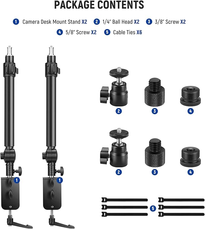 NEEWER Camera Desk Mount Stand 225° Tilt & 360° Swivel 17.7"-24.8" Tabletop Desktop Light Stand Adjustable Table Top Stand C Clamp Ball Head Screw for Ring Light DSLR Phone Overhead Photography 2 Pack