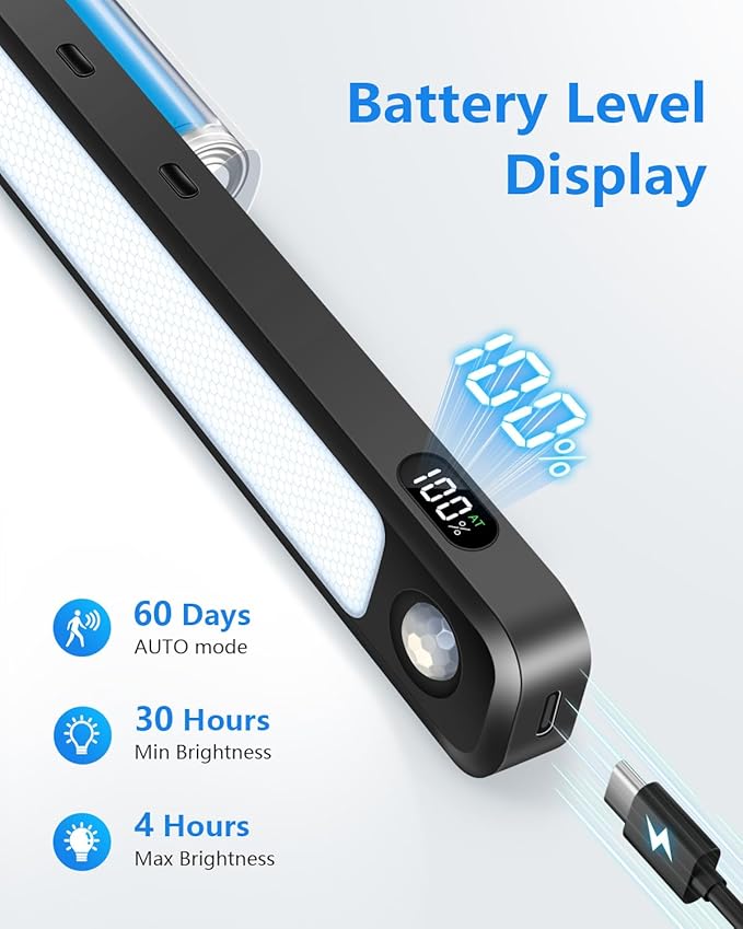 Ferswe 3W Motion Sensor Rechargeable Light Bar with Remote, Eye-Friendly Closet Lights with Battery Display, 2000mAh Makeup Lighting, Magnetic Light Bar for Cabinet, Closet, Bathroom and Desk