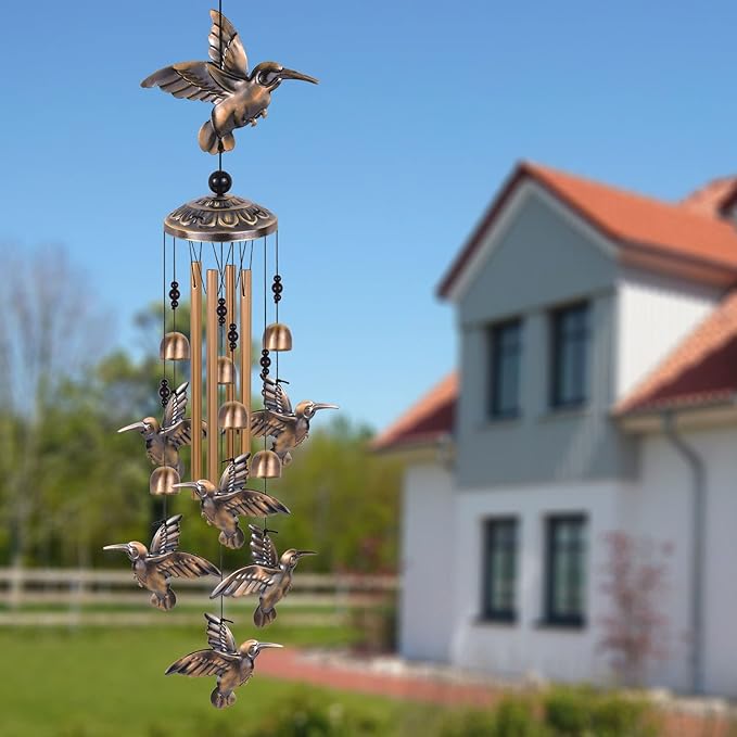 Hummingbird Wind Chimes for Garden, Gifts for Mom, Home, Balconies, Room, Patio, Indoor, Outdoor Hummingbirds Decoration, Hummingbird Wind Catcher, Bronze Memorial Wind Bell, Bird Wind Chimes Decor