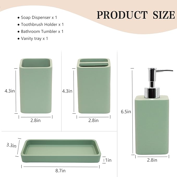 Bathroom Accessories Set, 4 Pcs Bathroom Accessory Set, Soap Dispenser, Toothbrush Holder, Qtip Holder Set, Bathroom Sets Complete, Bathroom Sink Set for Modern Home Decor,Green