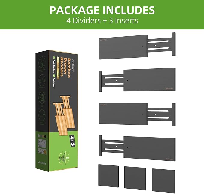 ANTOWIN 4 Pack Expandable Drawer Dividers, 4.7'' High, Extend from 12.2'' to 17.7'', Dresser Drawer Organizers, Bamboo Separators for Kitchen, Bedroom, Office, Bathroom (Black)