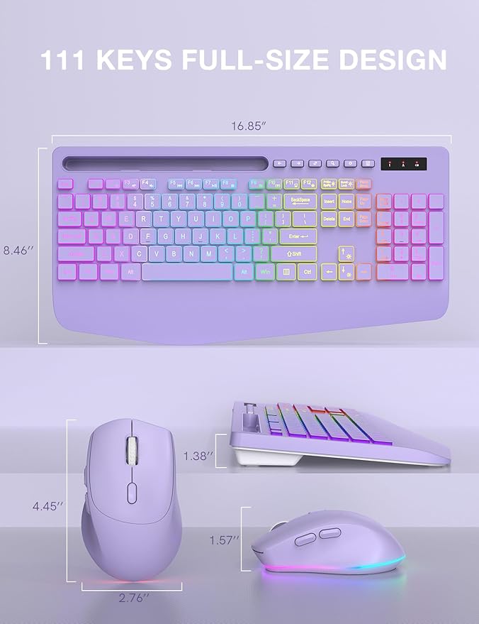 SABLUTE Wireless Keyboard and Mouse Combo, 9 Backlit Effects, Wrist Rest, Phone Holder, 2.4G Lag-Free Ergonomic Keyboards, Rechargeable Silent Cordless Set for Computer, Laptop, Mac, Windows(Purple)