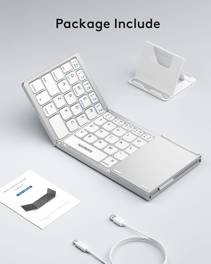 Samsers Foldable Bluetooth Keyboard with Touchpad - Portable Wireless Keyboard with Holder, Rechargeable Full Size Ultra Slim Pocket Folding Keyboards for Android Windows iOS Tablet & Laptop - Silver