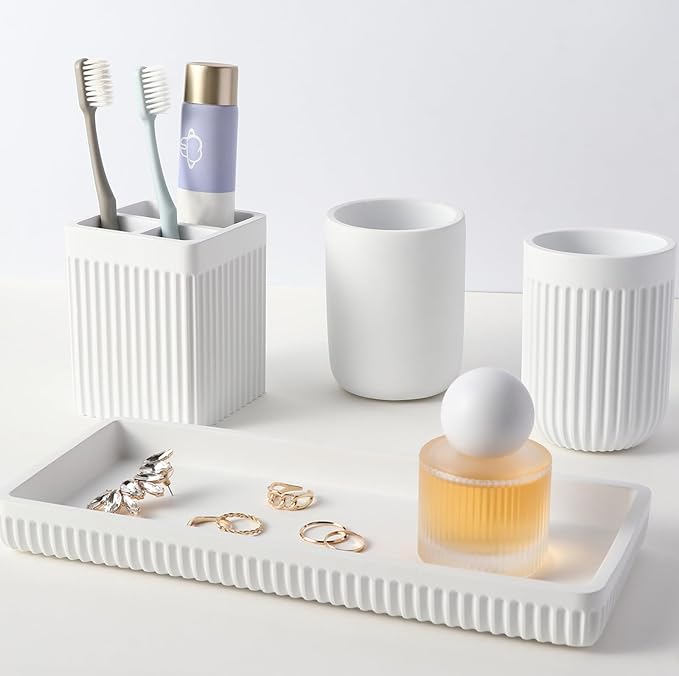 Resin Bathroom Toothbrush Holder Set, Matte White Bathroom Accessories Set 4 Pcs, Bathroom Tumbler Cup Tooth Brushing Cup Set with Tray, for Sink Countertop Modern Home Decor