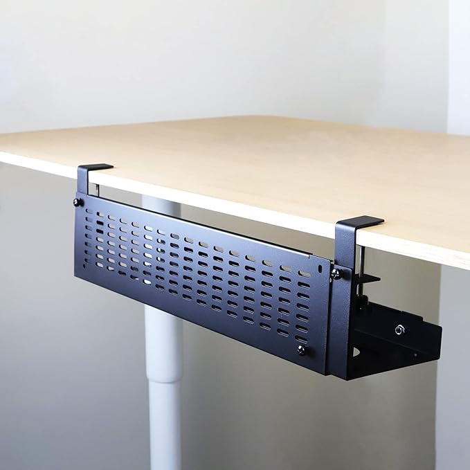 AEONS Under Desk Cable Management Tray Kit - Horizontal Adjustable up to 41” Removable C Clamp Mount Reversible Computer Cord Raceway and Modesty Panel for Large Table, Black