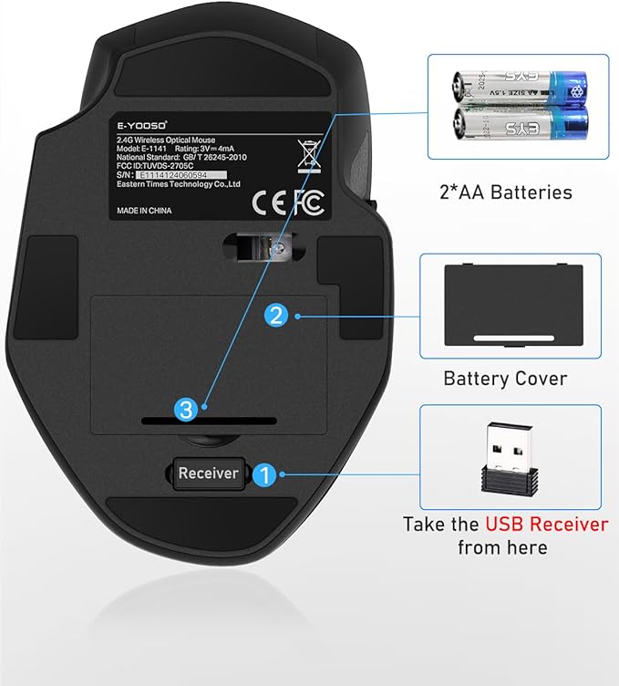 E-YOOSO Wireless Mouse for Laptop, 2.4GHz Computer Mouse 5 Adjustable DPI Office Cordless Mice with USBA Receiver, 6 Buttons, 4000 DPI, Medium to Large Sized Hands Compatible with PC, Laptop, Desktop