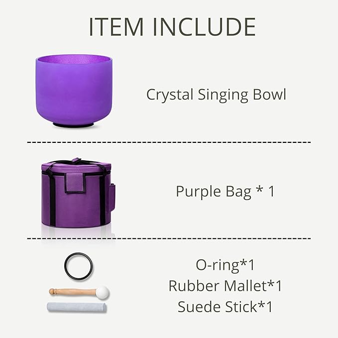 Purple B Note Crown Chakra 8 inch Quartz Crystal Singing Bowl, for Healing Mindfulness Meditation Yoga Sound Baths, with Case Rubber Mallet