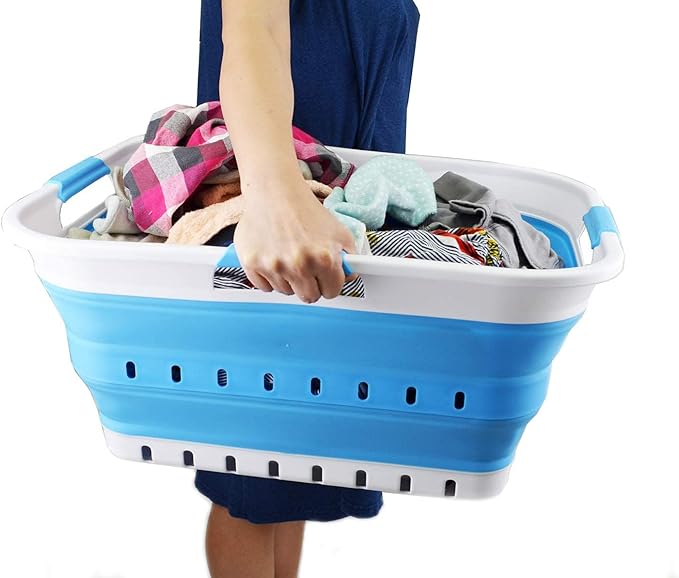 SAMMART 42L (11 gallon) Collapsible Plastic Laundry Basket - Foldable Pop Up Storage Container/Organizer - Portable Basket - Space Saving Hamper/Basket (2, White/Marine Blue)
