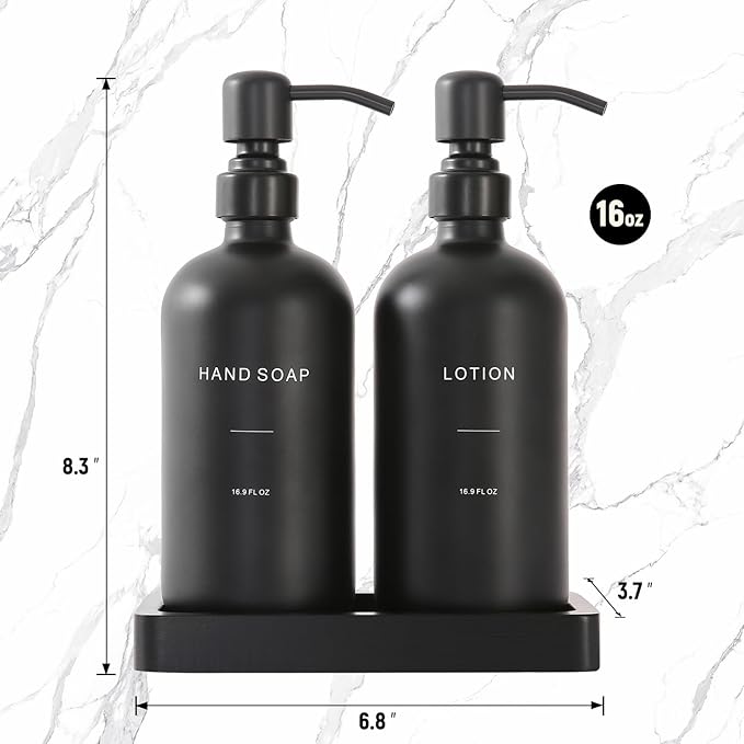 Black Soap Dispenser Bathroom Set, Soap and Lotion Dispenser Set with Stainless Steel Pump, Perfect for Bathroom Decor. (Black)
