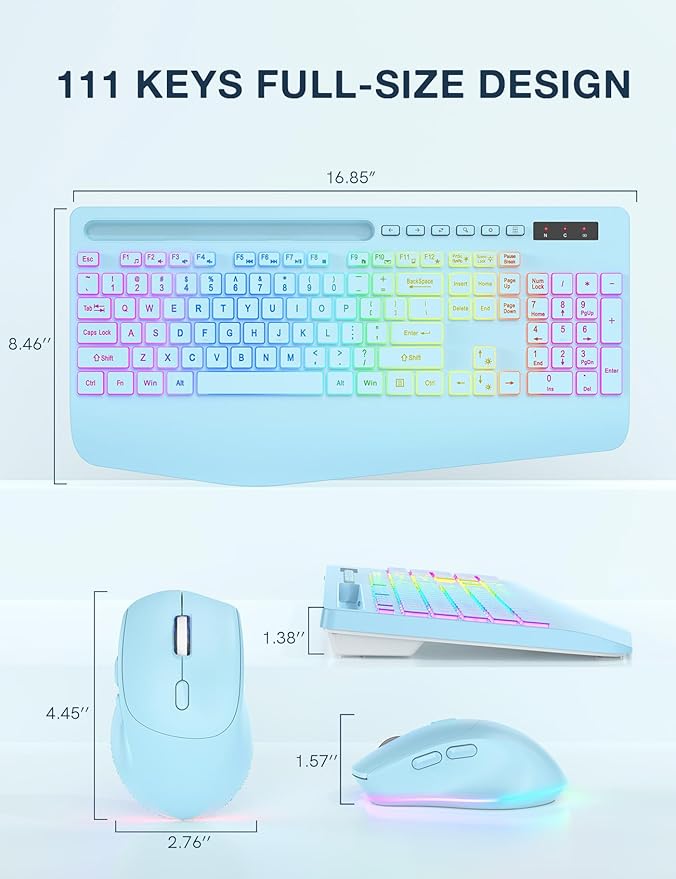 Wireless Keyboard and Mouse Combo, 9 Backlit Effects, Wrist Rest, Phone Holder, 3 DPI Speed, 2.4G Ergonomic Keyboards, Rechargeable Silent Cordless Set for Computer, Laptop, Mac, Windows, Blue-SABLUTE