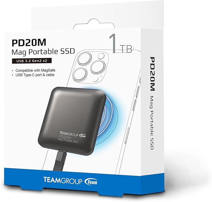 TEAMGROUP PD20M 1TB Magnetic External SSD Read up to 2000MB/s USB 3.2 Gen 2x2 Type-C 4K ProRes HDR Record iPhone 15&16 Pro Max,iPad TPSEG2001T0C108
