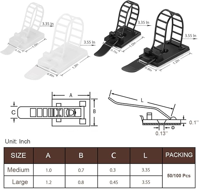 Adhesive Cable Management Clips, 50Pcs Adjustable Nylon Cable Strap Ties Wire Clips Clamps Organizer with Strong Adhesive Tape, Extra Screw & Hole for Strong Fixation Home Office - 3.55 Inch Black