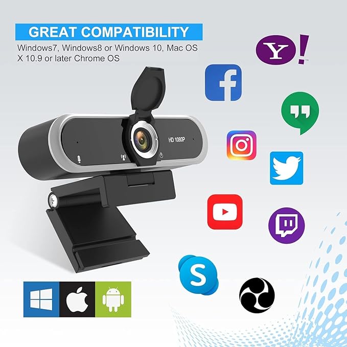 Webcam 1080P with Microphone and Webcam Cover Plug and Play with Auto Light Correction for Laptop PC Desktop for Live Streaming Video Call Conference