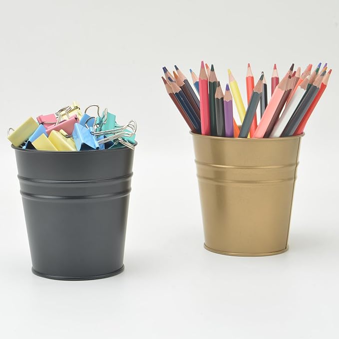 Pen Holder Cup For Desk Pencil Holder Metal Marker Pen Organizer Storage Small Tinplate Flower Pot Succulent Bucket Planters for Office Home - 2 Pack (Black)