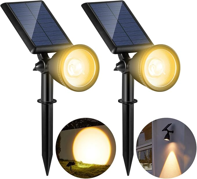 2 Pack Outdoor Solar Powered Spot Lights Waterproof Bright LED Spotlights Outside Uplighting for Yard Flag, Tree, Lawn, Garden, Backyard, House, Driveway, Super Focused Lens Spotlights, Warm White