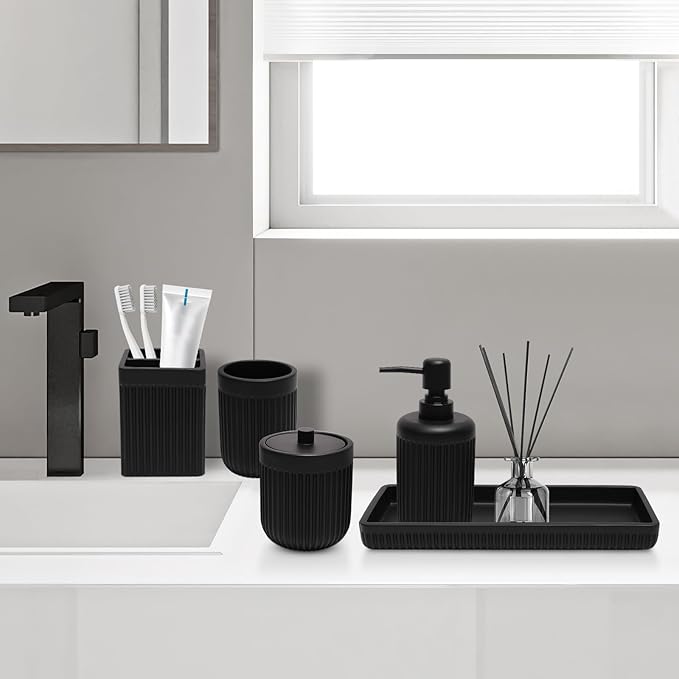 Resin Matte Black Bathroom Accessories Set 5 Pcs, Lotion Soap Dispenser, Toothbrush Holder, Bathroom Tumbler, Qtip Holder and Vanity Tray, Bathroom Countertop Organizer Set for Home Apartment