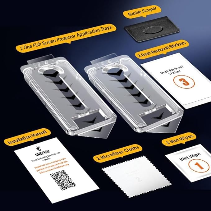 OneFish Screen Protector for Iphone 16 Plus, HD Clarity Tempered Glass Film 9H+ Hardness, with Hassle-Free Installation Frame, Dust-Free Bubble-Free Anti-Fingerprint, 2Pack