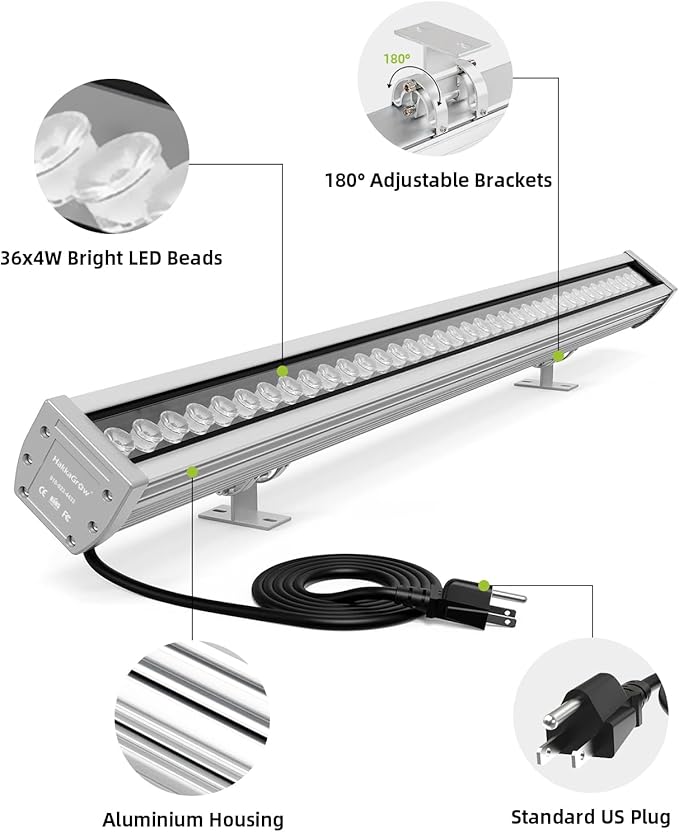 LED Wall Washer Light with RF Remote, 144W RGBW Color Changing Linear Bar Light, AC120V Waterproof RGB Wall Washing Lamp for Outdoor and Indoor Lighting Projects, Plug & Play